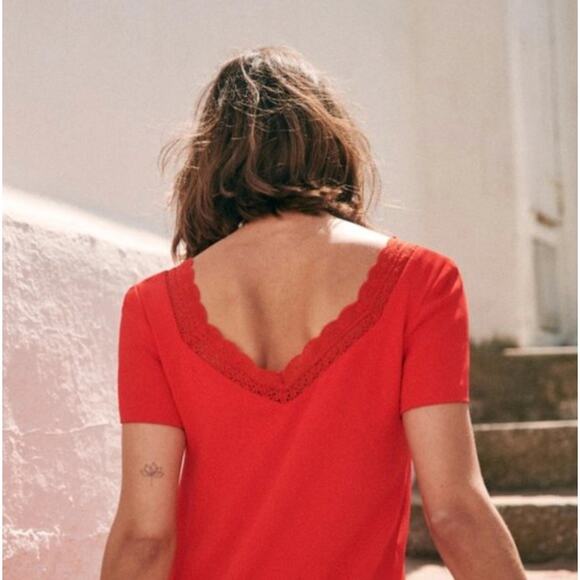 SEZANE Louisa Dress Coral Red Shift Lace Neckline {TT36} - Picture 3 of 9